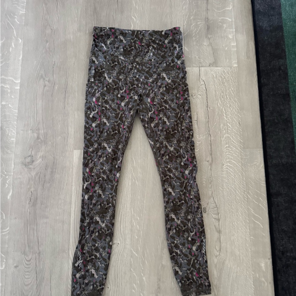 Fabletics Gray Camo Leggings with Pink Accents